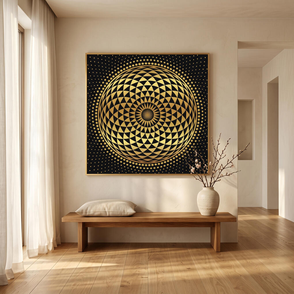 Mandala Harmonia Solar Dourada Fotografia editorial ultrarrealista de obra de arte em ambiente interior de bem-estar luxo.